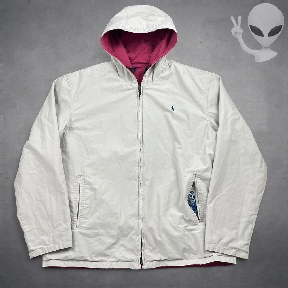 Polo Ralph Lauren Reversible Hooded Jacket Medium Cream Red Vintage 90s - Picture 2 of 7